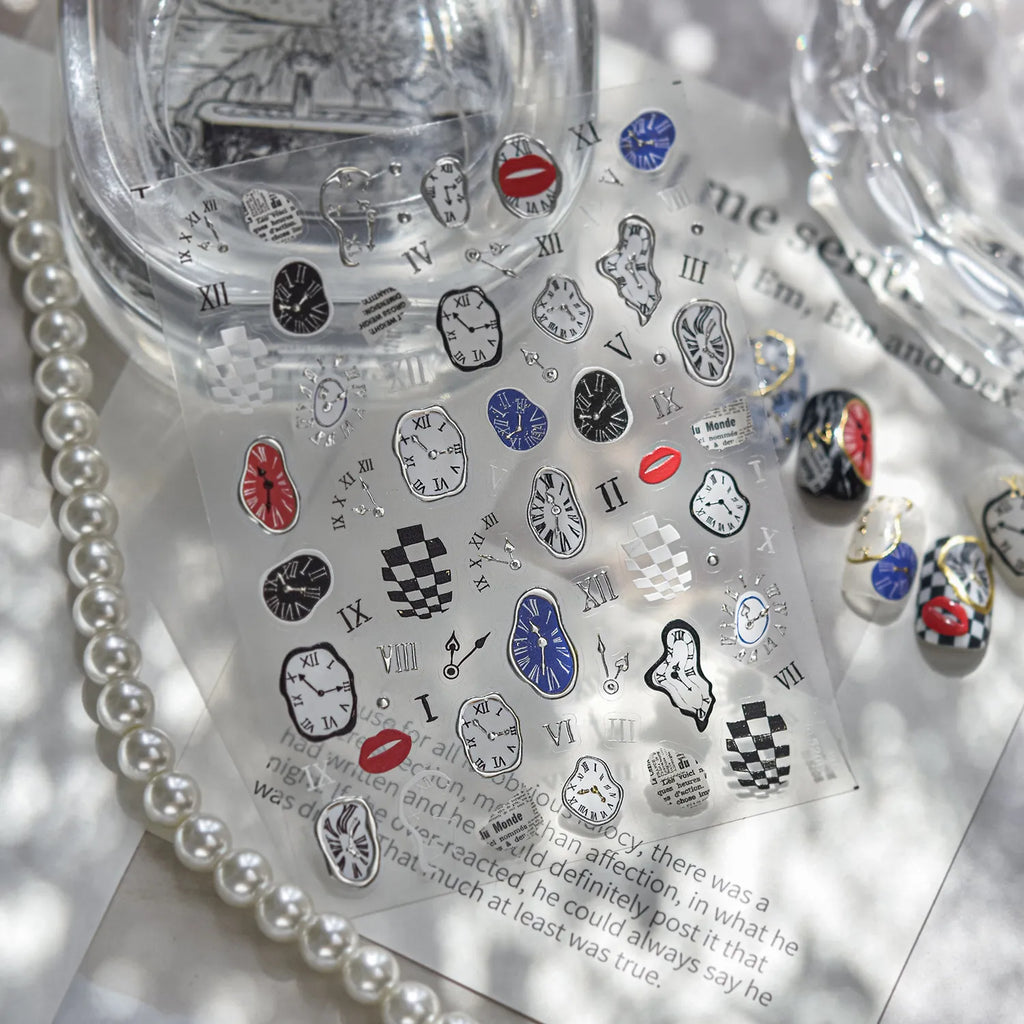Surrealist Dream 5D Nail Stickers | Abstract Clock & Checkerboard Art 
