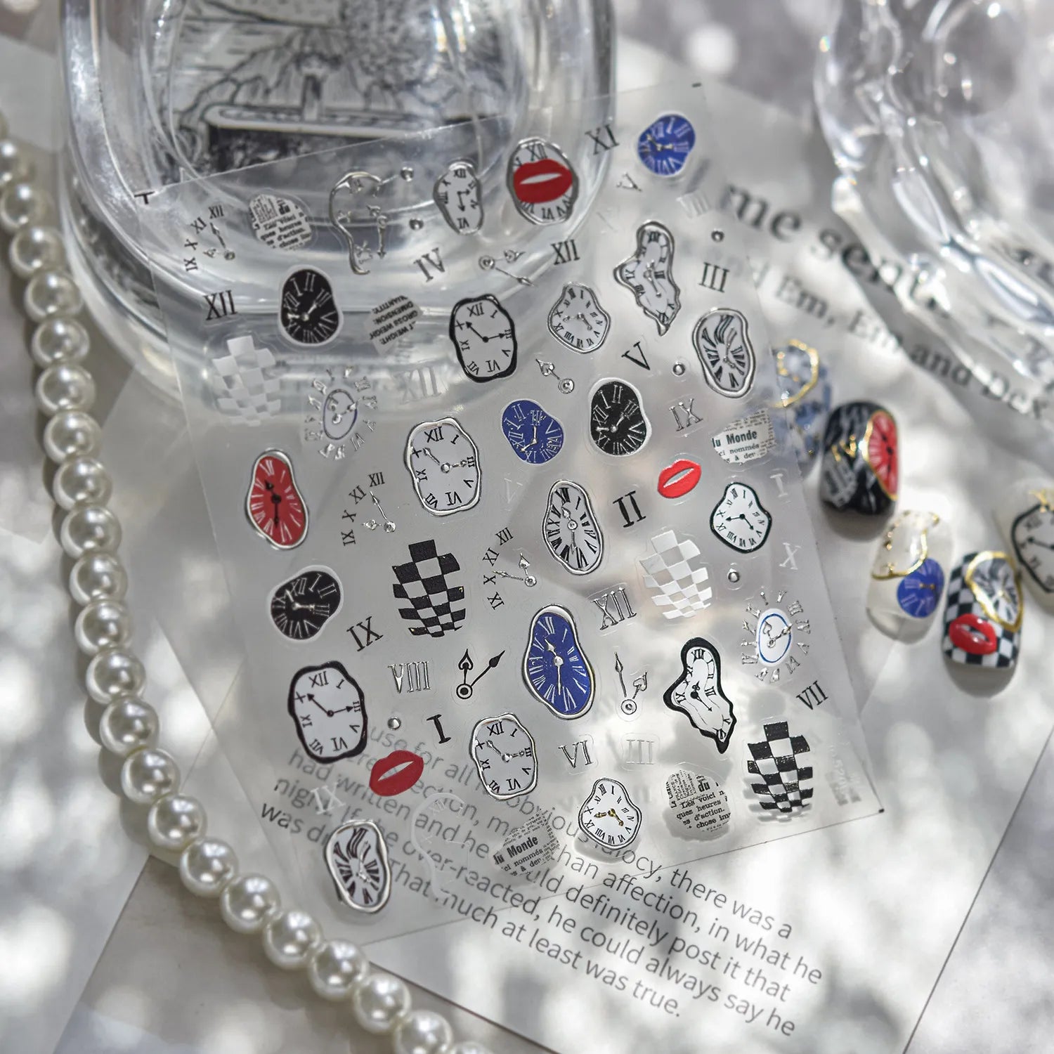 Surrealist Dream 5D Nail Stickers | Abstract Clock & Checkerboard Art 