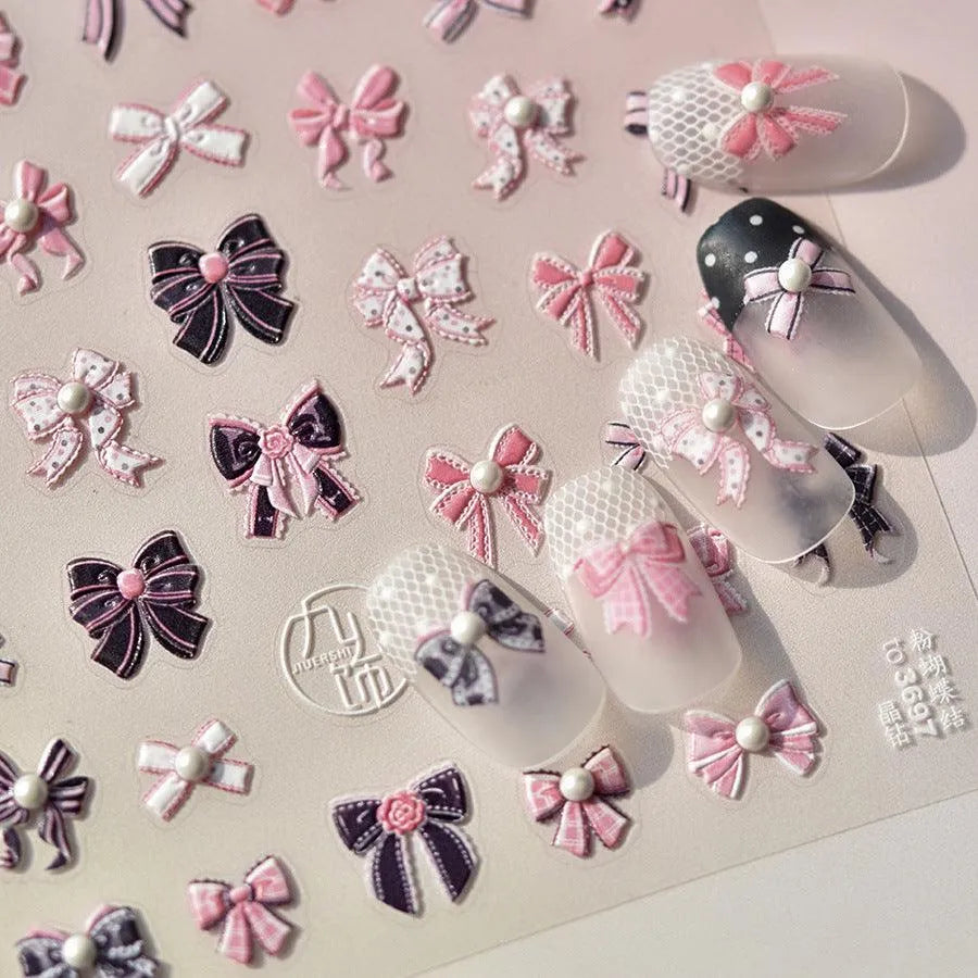 Sweet Lace Bow Nail Art Stickers Pink & Purple Bow 3D Stickers with Pearl Accents to3697