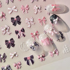Sweet Lace Bow Nail Art Stickers Pink & Purple Bow 3D Stickers with Pearl Accents to3697