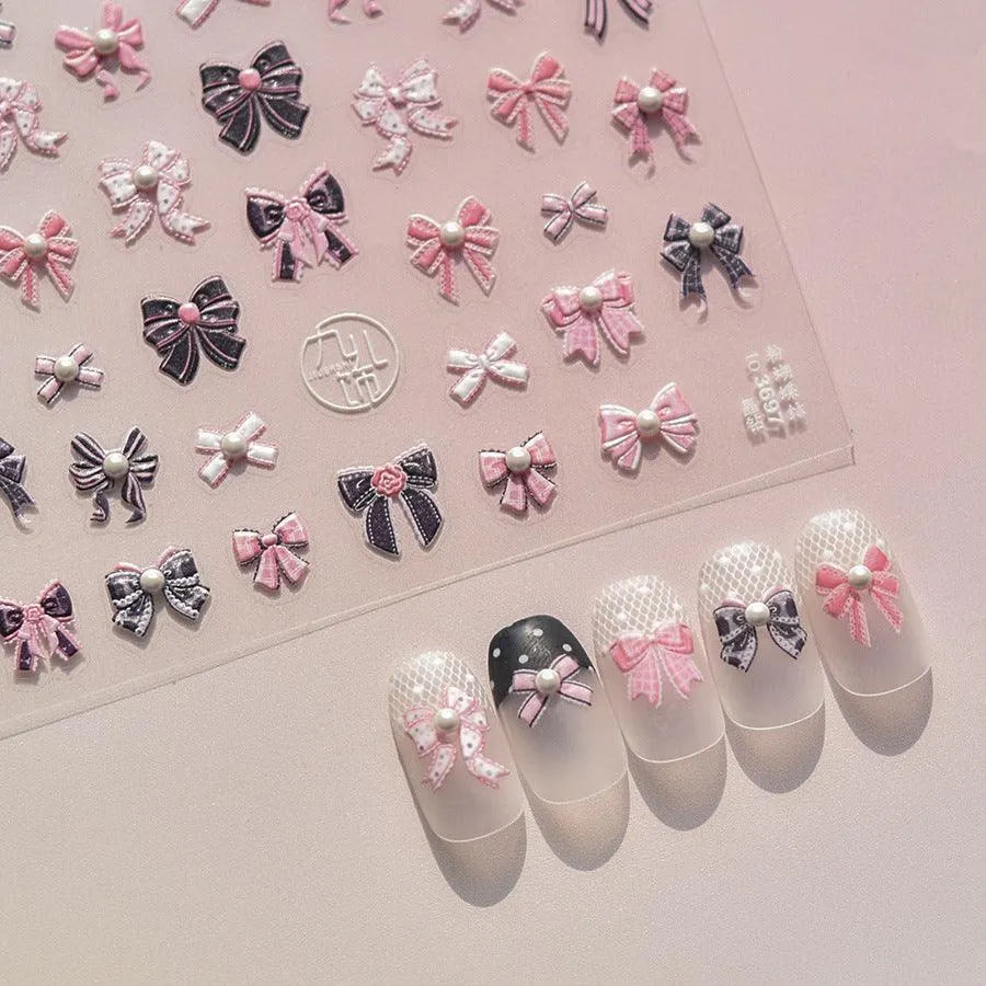 Sweet Lace Bow Nail Art Stickers Pink & Purple Bow 3D Stickers with Pearl Accents to3697