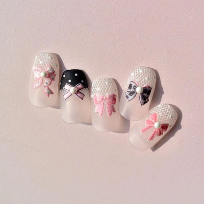 Sweet Lace Bow Nail Art Stickers Pink & Purple Bow 3D Stickers with Pearl Accents to3697