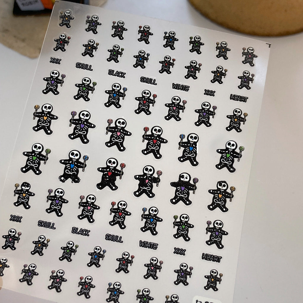 5D Spooky Skeleton Gingerbread Nail Stickers | Cute Goth Halloween Decals