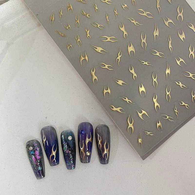 Metal Flame Nail Art Stickers Adhesive Embossed Fire Chain Sticker Decals TA146 Gold