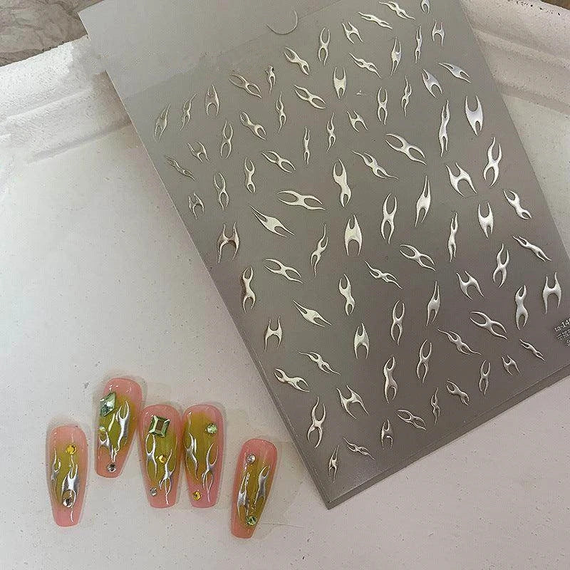 Metal Flame Nail Art Stickers Adhesive Embossed Fire Chain Sticker Decals TA146 Silver