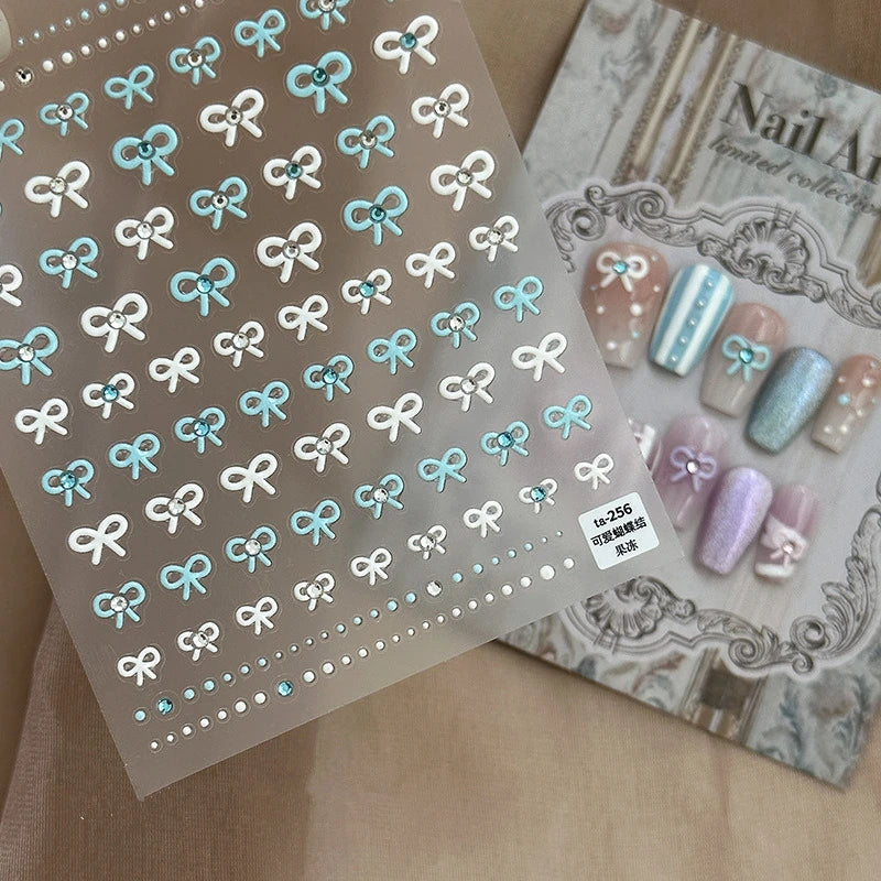 Bow With Rhinestone Pearl Nail Art Stickers Adhesive Embossed Sticker Decals TA256