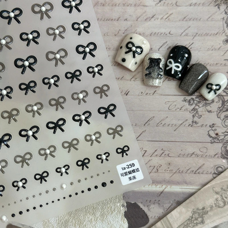 Bow With Rhinestone Pearl Nail Art Stickers Adhesive Embossed Sticker Decals TA259