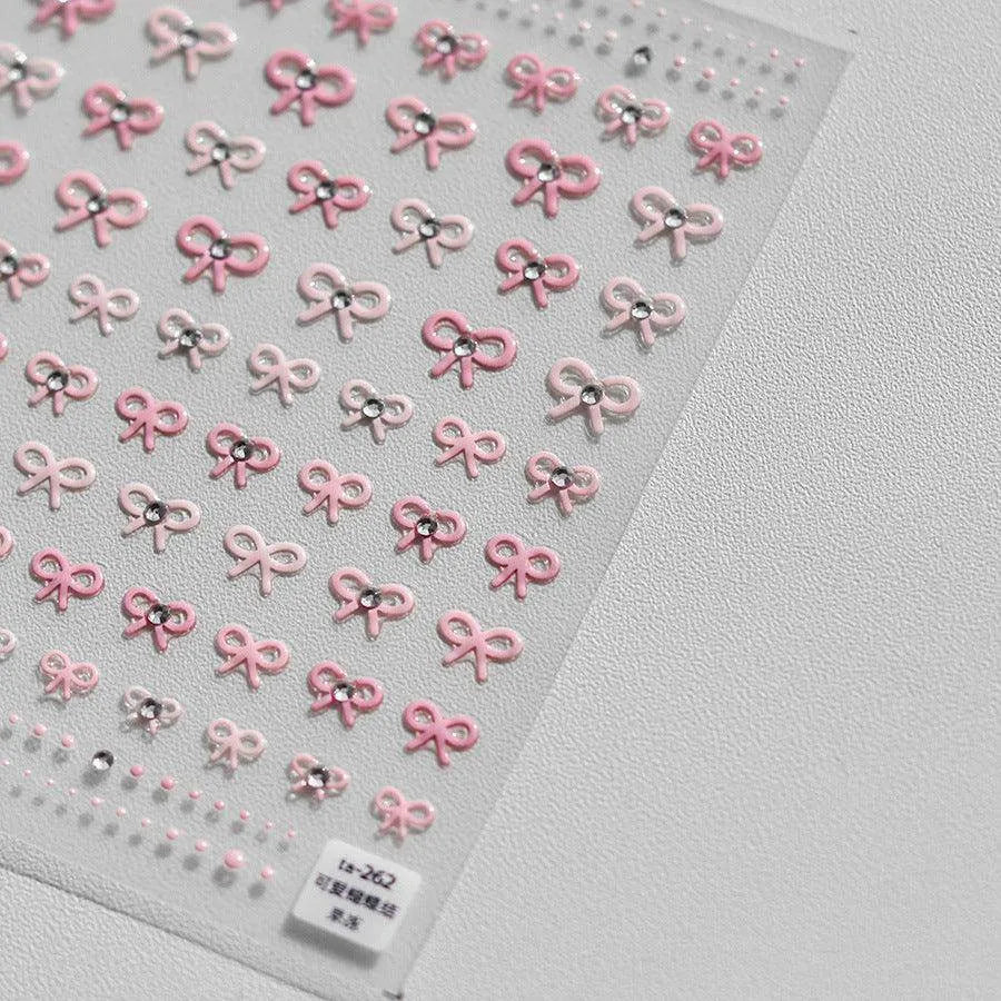 Bow With Rhinestone Pearl Nail Art Stickers Adhesive Embossed Sticker Decals TA262 pink