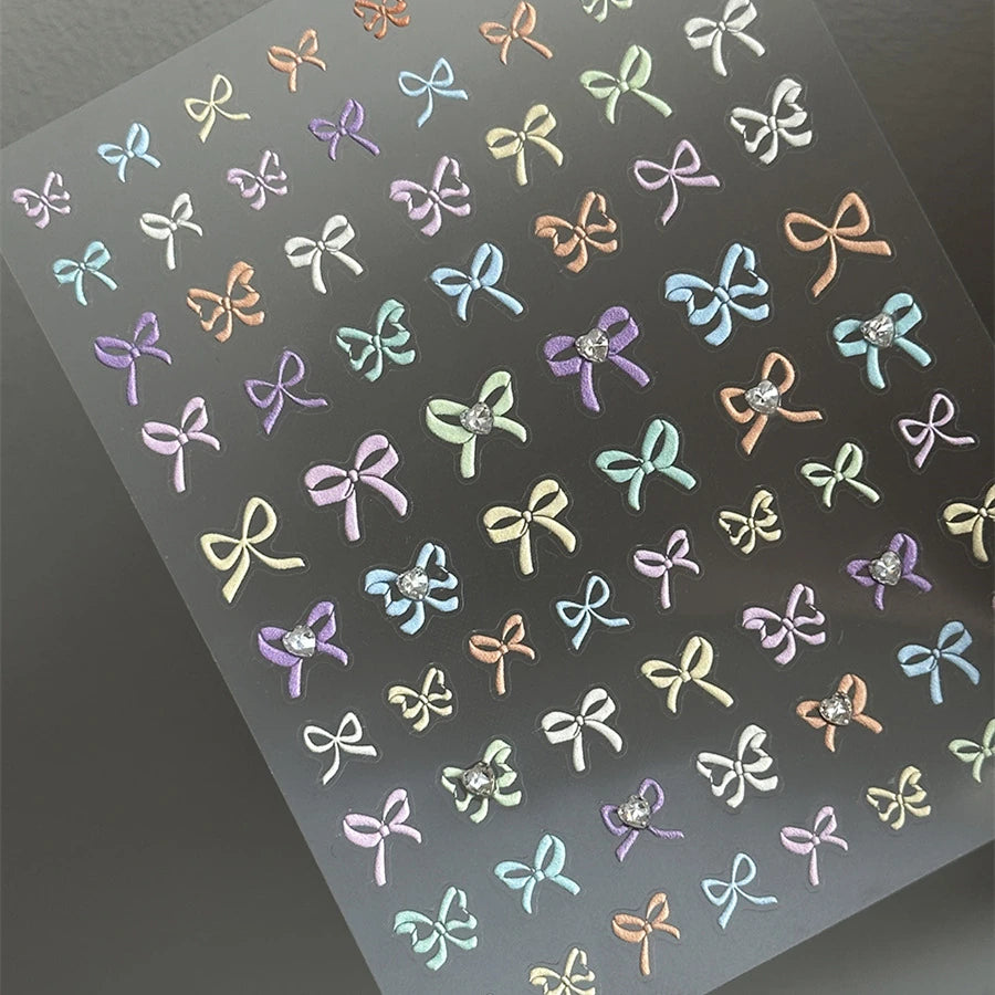 Candy Color Bow Nail Art Stickers Colorful Bow Tie Adhesive Embossed Sticker Decals TA275