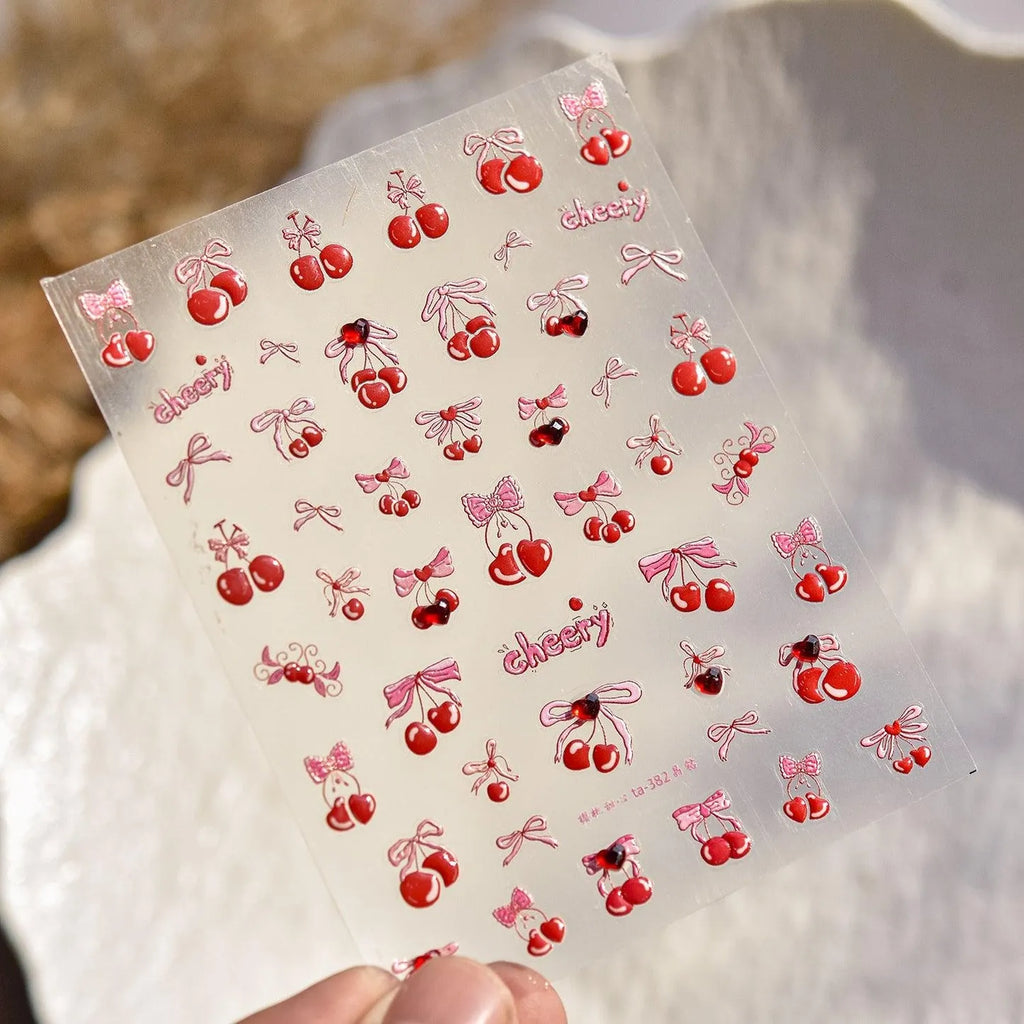 Red Bow Nail Art Stickers Sweet Cherry Adhesive Embossed Sticker Decals TA382