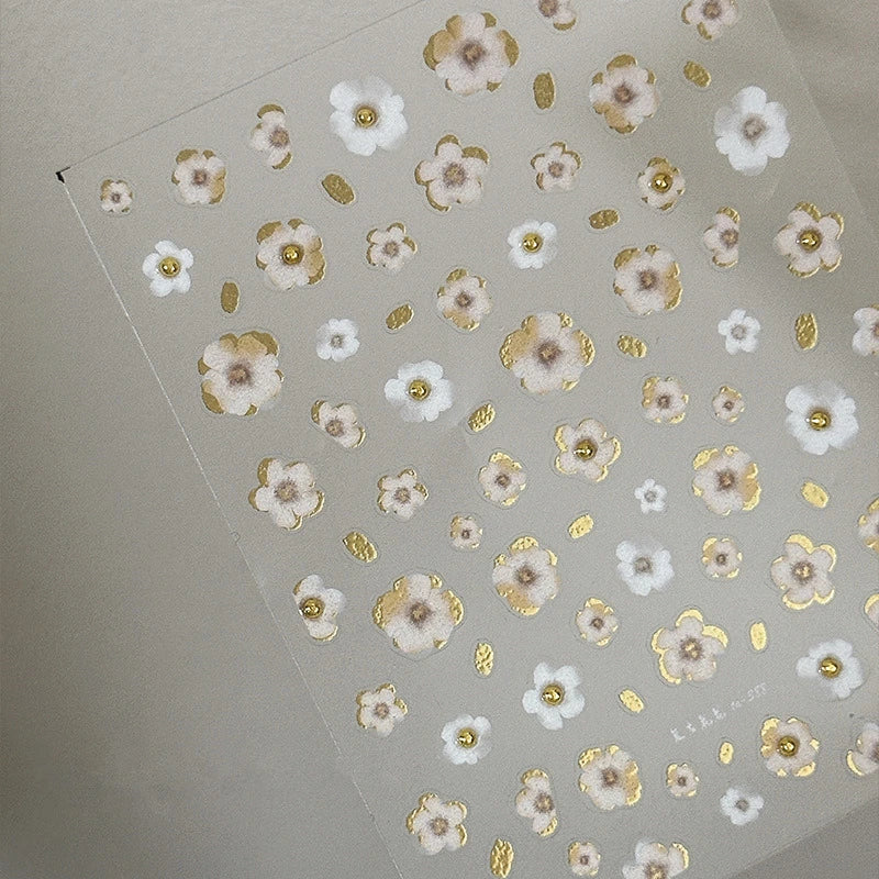 Vintage Floral Nail Stickers with Gold Glitter & Pearl Accents 