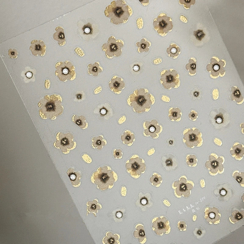 Vintage Floral Nail Stickers with Gold Glitter & Pearl Accents 