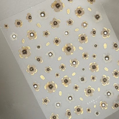Vintage Floral Nail Stickers with Gold Glitter & Pearl Accents 