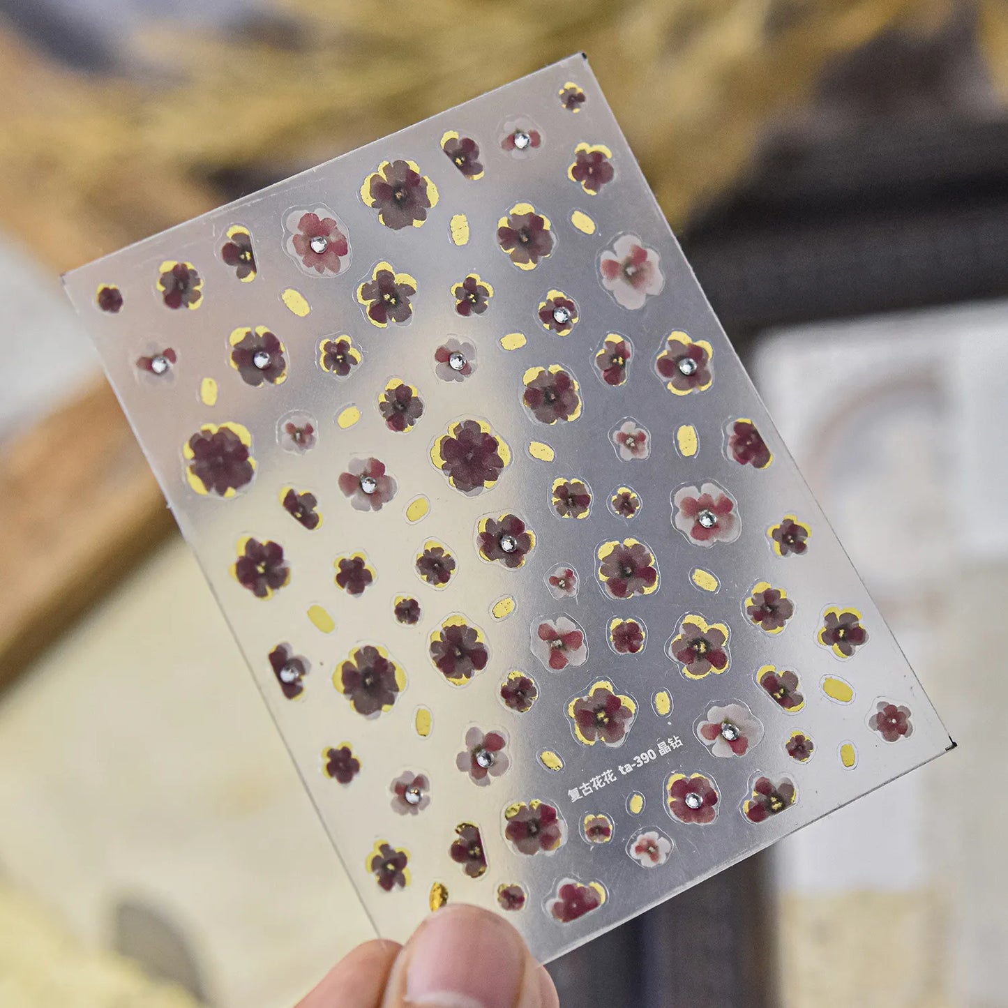 Vintage Floral Nail Stickers with Gold Glitter & Pearl Accents 