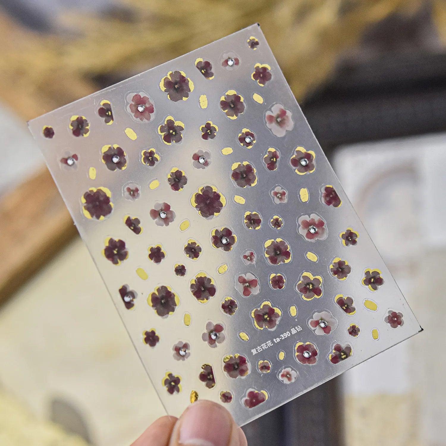 Vintage Floral Nail Stickers with Gold Glitter & Pearl Accents 