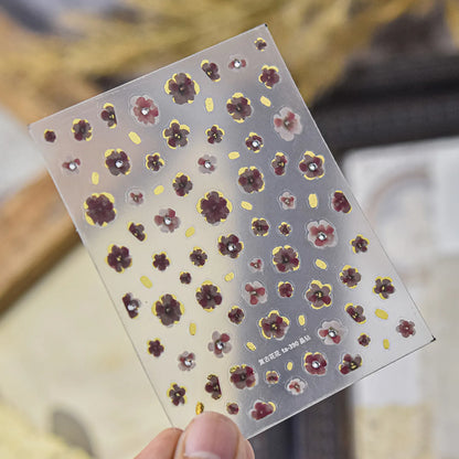 Vintage Floral Nail Stickers with Gold Glitter & Pearl Accents 