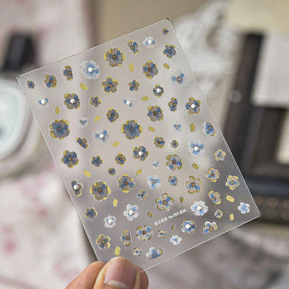 Vintage Floral Nail Stickers with Gold Glitter & Pearl Accents 