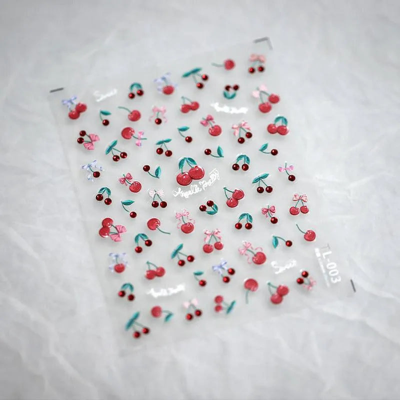 Cherry Nail Art Stickers Adhesive Butterfly Rose Flowers Leaf Design Sticker Decals TL003