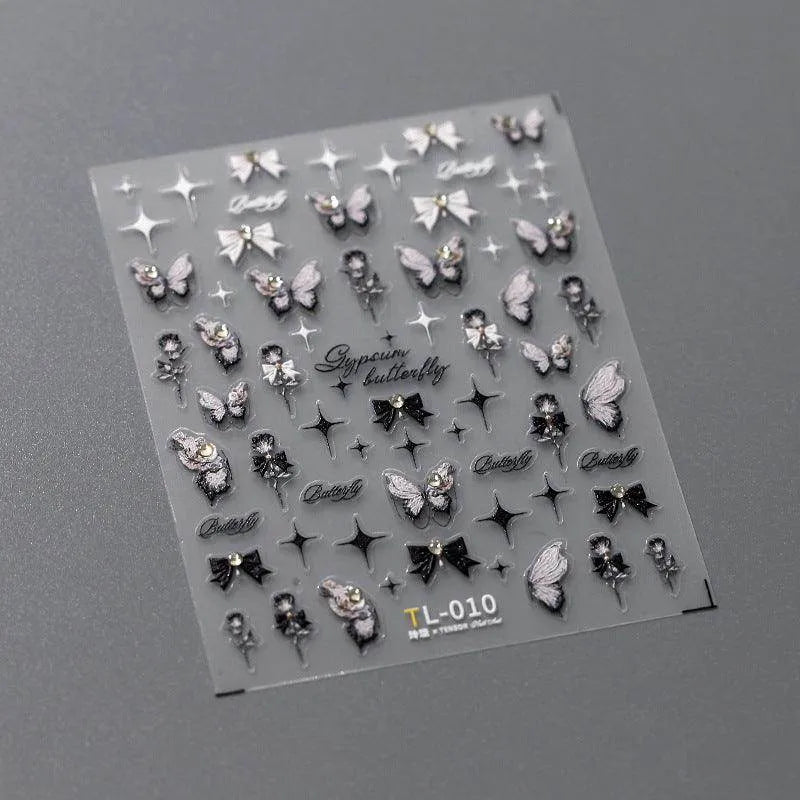 Black Rose Nail Art Stickers Adhesive Slider Embossed Rose Bow Sticker Decals TL010