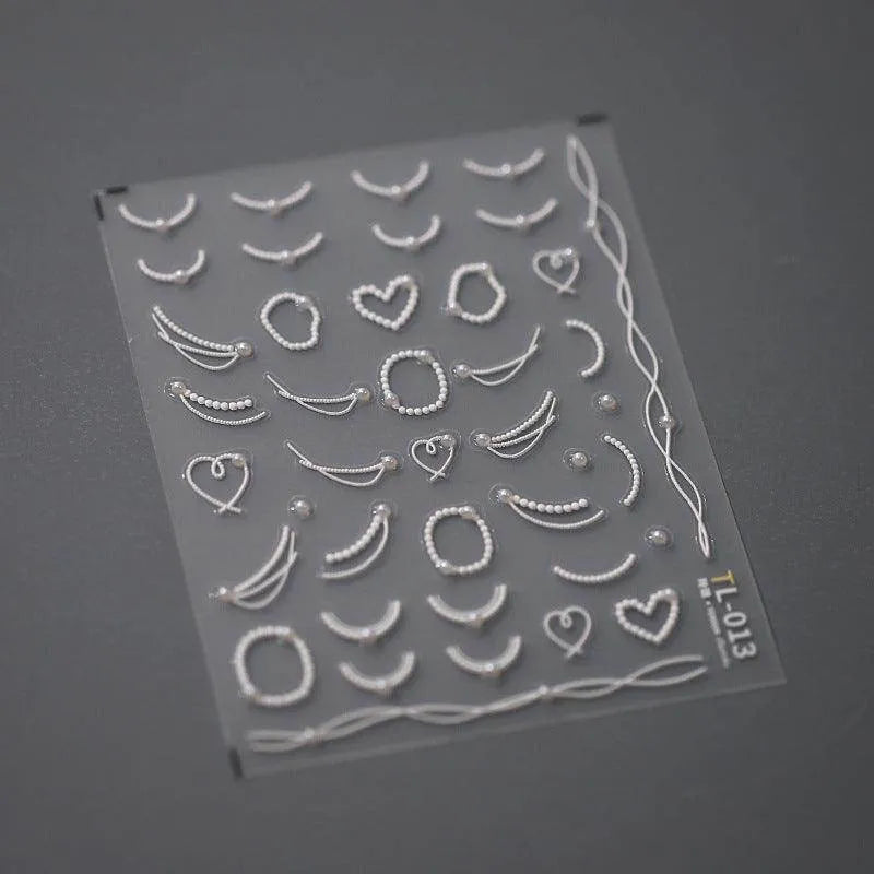 White Pearls Chain Nail Art Stickers Adhesive Embossed Pearl Line French Nail Sticker Decals TL013