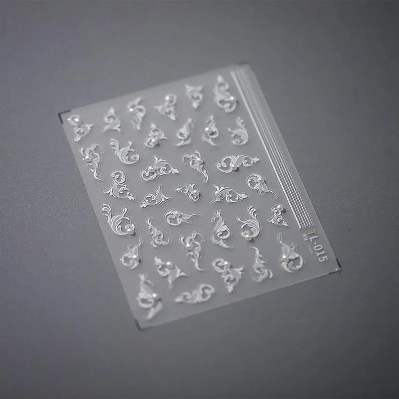 White Leaf Vines Nail Art Stickers With Pearls Vintage Floral Adhesive Sticker Decals TL015