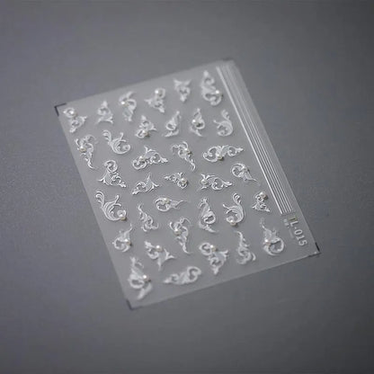 White Leaf Vines Nail Art Stickers With Pearls Vintage Floral Adhesive Sticker Decals TL015