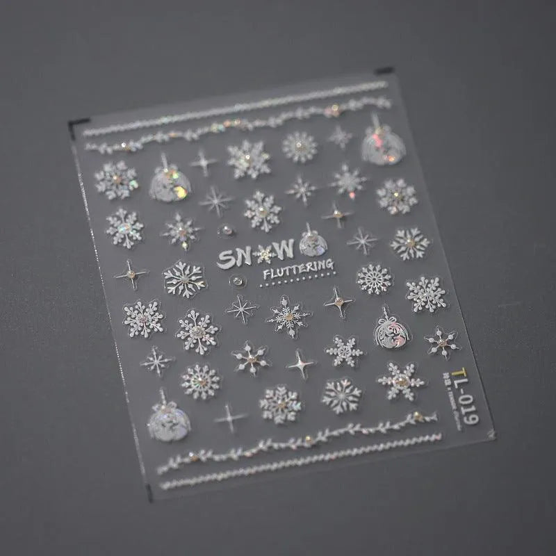 White Snowflake Nail Art Stickers with Beads Winter Snow Adhesive Sticker Decals TL019