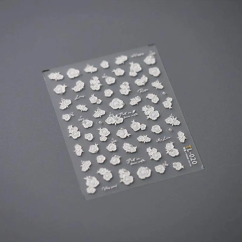 Bridal Rose Nail Art Stickers Adhesive White Rose Flower Embossed Sticker Decals TL020