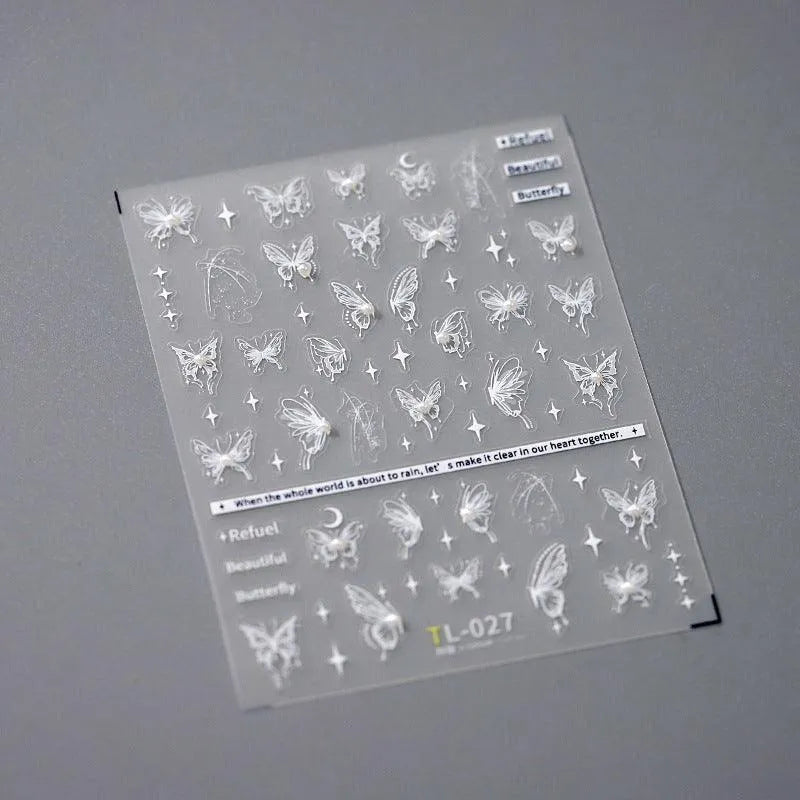White Butterfly Nail Art Stickers Adhesive Embossed Moon with Beads Sticker Decals TL027
