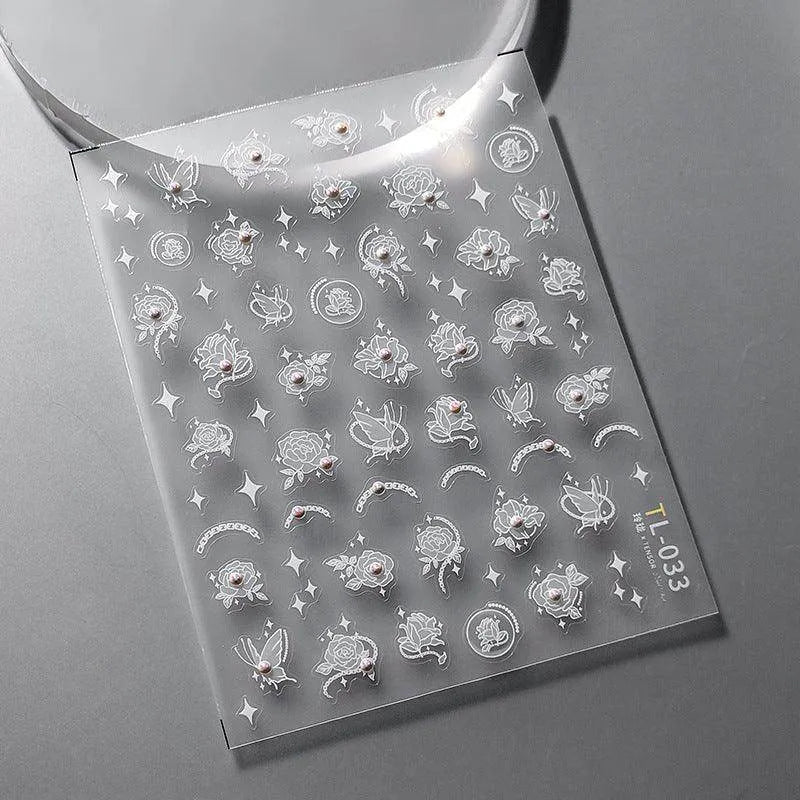 White Rose Flower Nail Art Stickers With Beads  Adhesive Embossed Lotus Sticker Decals TL033