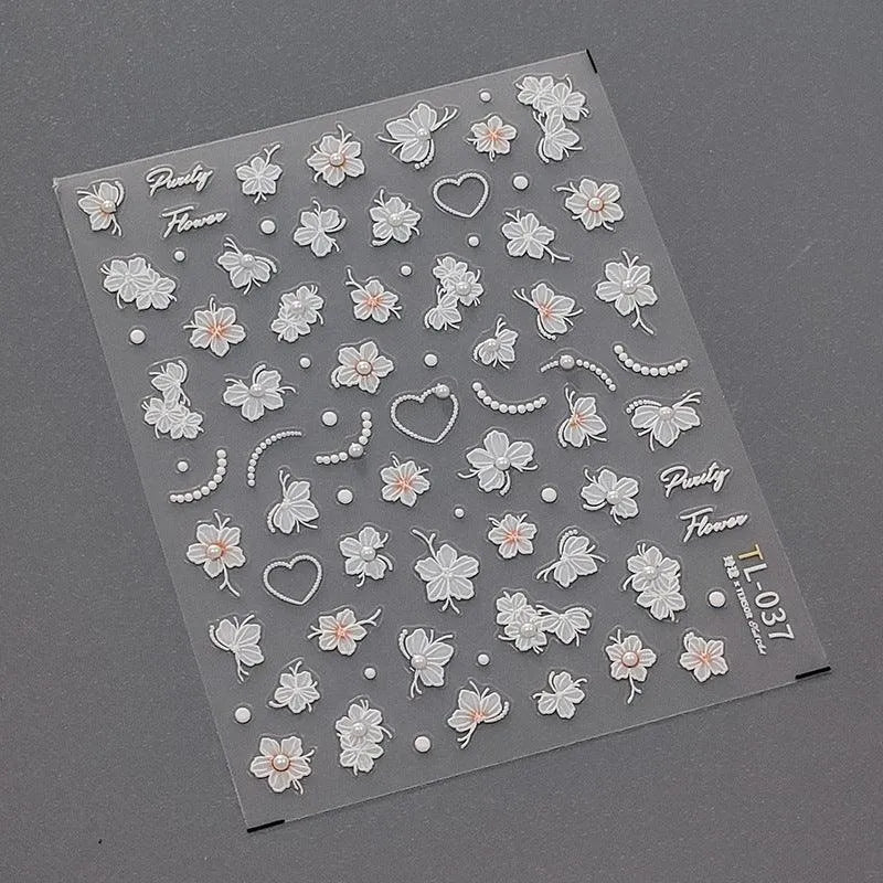 Floral Nail Art Stickers Adhesive Embossed White Flowers with Pearls Sticker Decals TL037