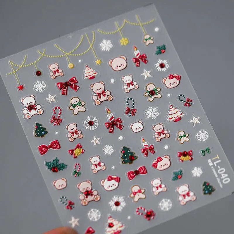 Christmas Bear Nail Art Stickers Adhesive Embossed Xmas Tree Sticker Decals TL040