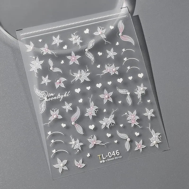 Flower With Pearl Nail Art Stickers 3D Floral Adhesive Sliders Sticker Decals TL046