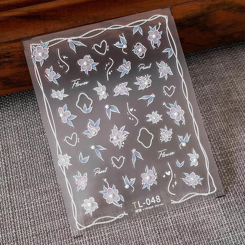 Butterfly Nail Art Stickers White Flowers Leaf  with Pearls Adhesive Sticker Decals TL048