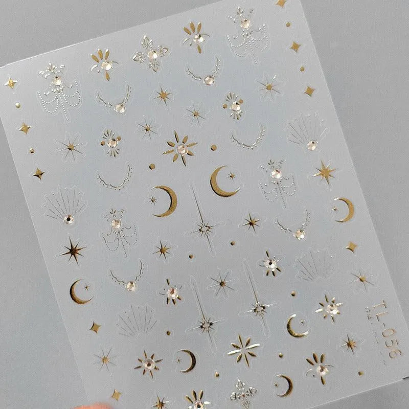 Nail Art Stickers Adhesive Sliders Gold Silver Stars Moon Embossed Sticker Decals TL056