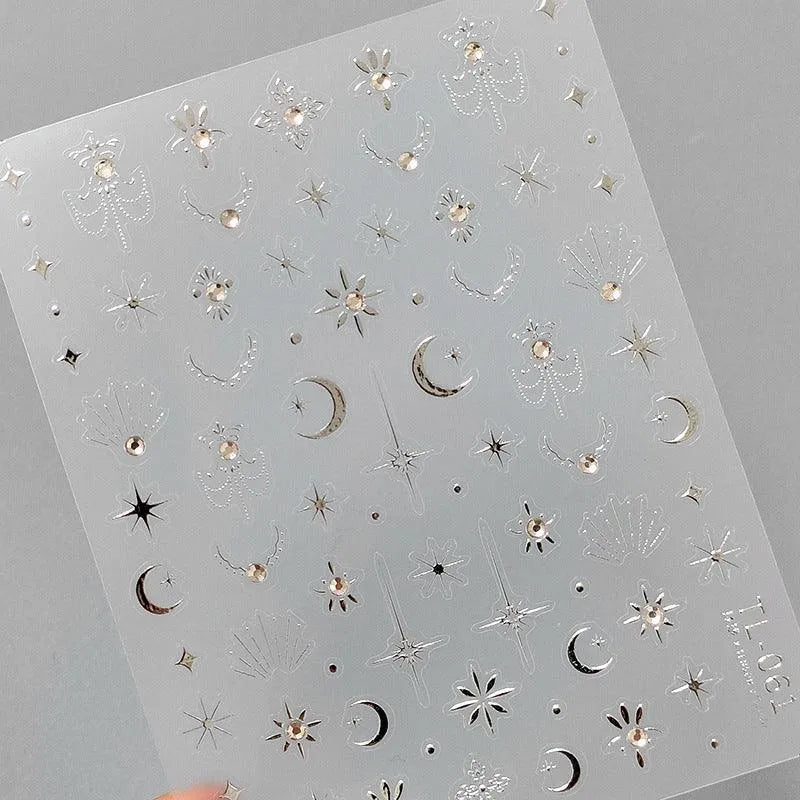 Nail Art Stickers Adhesive Sliders Gold Silver Stars Moon Embossed Sticker Decals TL061