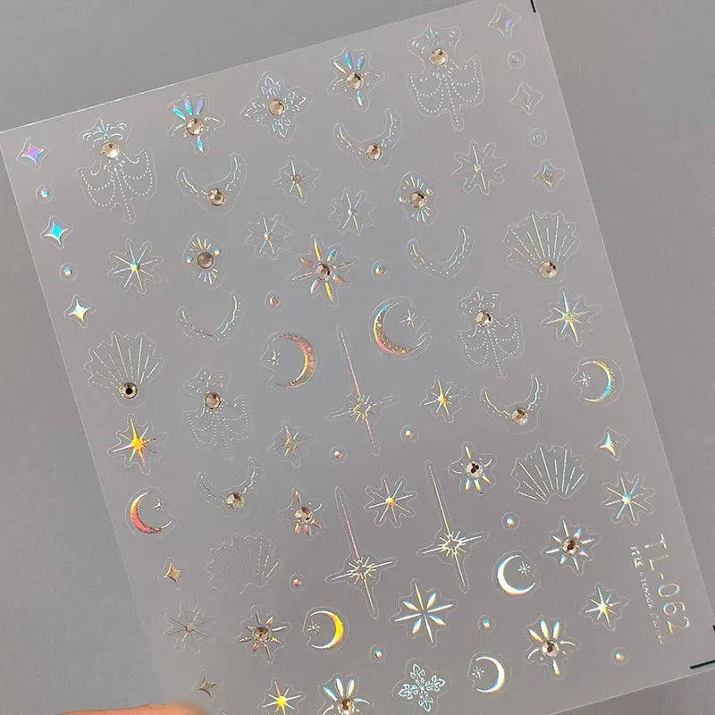 Nail Art Stickers Adhesive Sliders Gold Silver Stars Moon Embossed Sticker Decals TL062