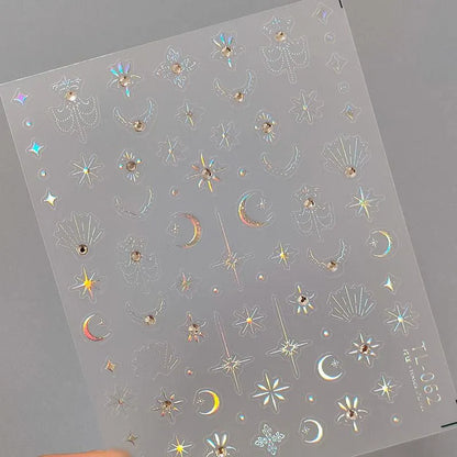 Nail Art Stickers Adhesive Sliders Gold Silver Stars Moon Embossed Sticker Decals TL062