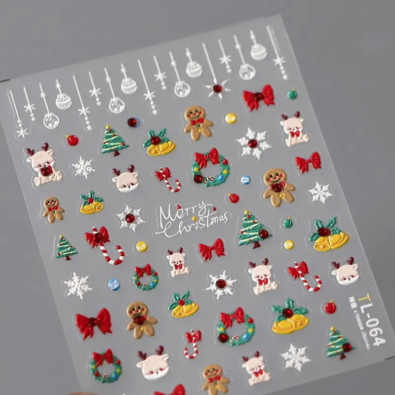Christmas Nail Art Stickers Adhesive Sliders Christmas Tree Bells Embossed Sticker Decals TL064