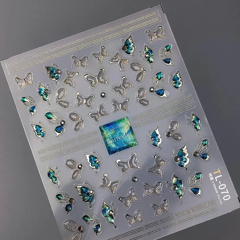 Gold Green Butterfly Wings Nail Art Stickers Adhesive Embossed Sticker Decals 