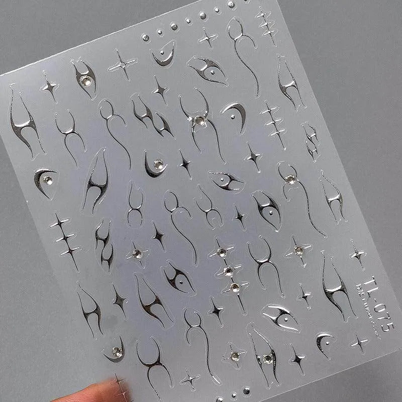 Metal Color Nail Art Stickers Adhesive Slider Embossed Laser Flame Design Sticker Decals TL075