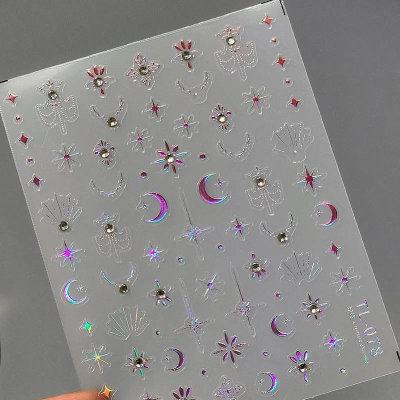 Metal Effect Stars Nail Art Stickers Adhesive Gold Silver Star Moon With Rhinestone Sticker Decals TL078