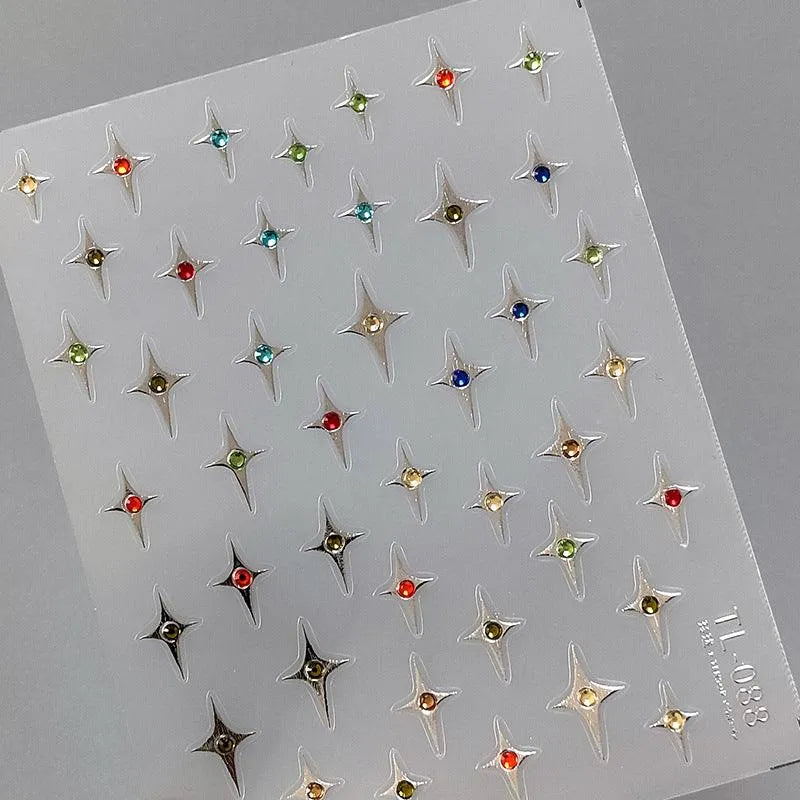 Metal Silver Nail Art Stickers Cross Stars With Rhinestone Adhesive Sticker Decals TL088