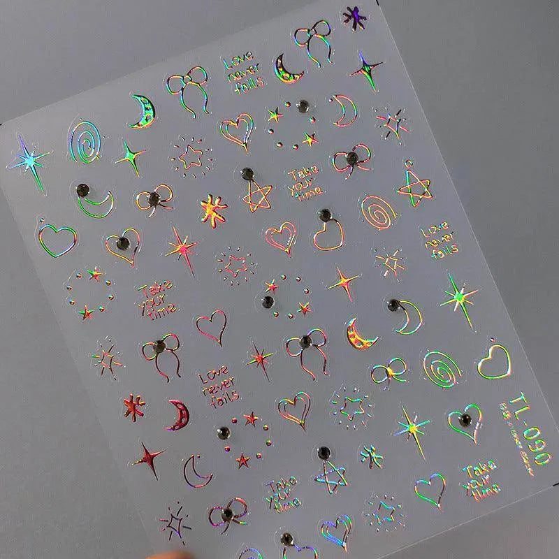 Laser Pink Star Nail Art Stickers Adhesive Sliders Moon Heart With Rhinestone Sticker Decals TL090