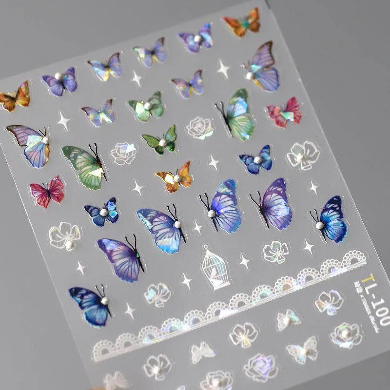Blue Butterfly Nail Art Stickers Adhesive Slider Laser Butterfly Sticker Decals TL100