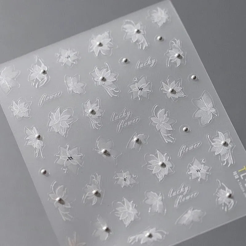 White Flower Nail Art Stickers Fantasy Floral with Beads Adhesive Sticker Decals TL102