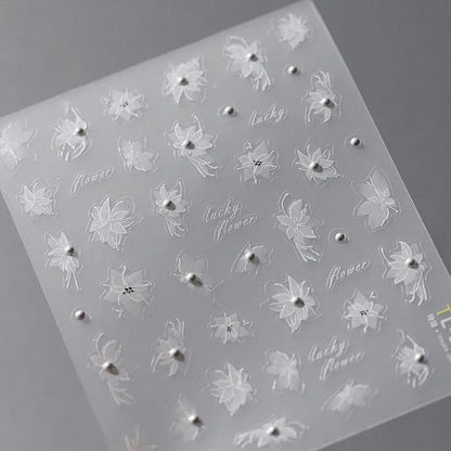 White Flower Nail Art Stickers Fantasy Floral with Beads Adhesive Sticker Decals TL102