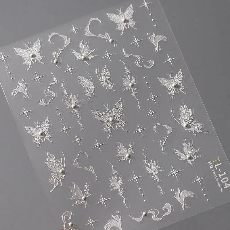 White Butterfly Nail Art Stickers Adhesive Slider 3D Butterfly with Beads Sticker Decals TL104