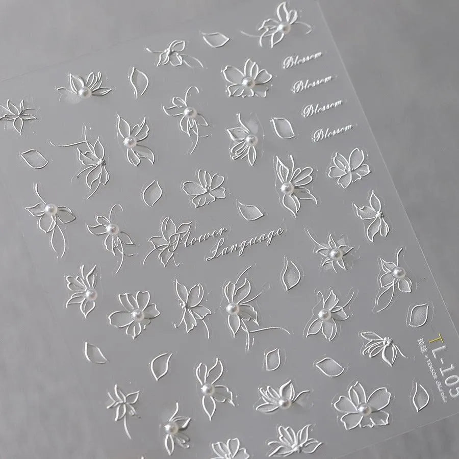 Elegant 5D White Floral Pearl Nail Stickers | Perfect for Bridal & Wedding Art TL105
