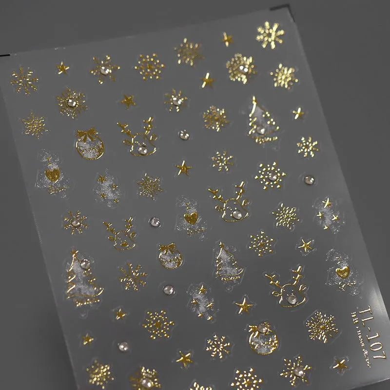Gold Snowflake Nail Art Stickers Adhesive Slider Golden Xmas with Beads Sticker Decals TL107